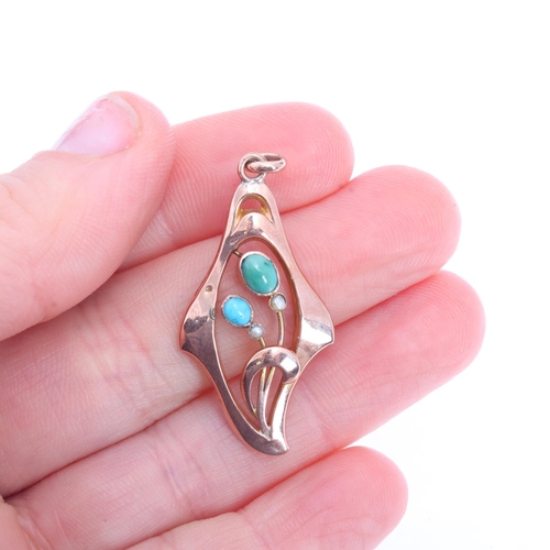 1201 - MURRLE BENNETT & CO - an Art Nouveau 9ct rose gold turquoise and pearl floral openwork pendant, sign... 