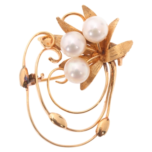 1202 - A Vintage 18ct gold cultured pearl floral brooch, 30.1mm, 3.8g