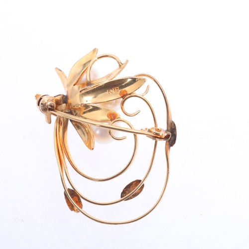 1202 - A Vintage 18ct gold cultured pearl floral brooch, 30.1mm, 3.8g