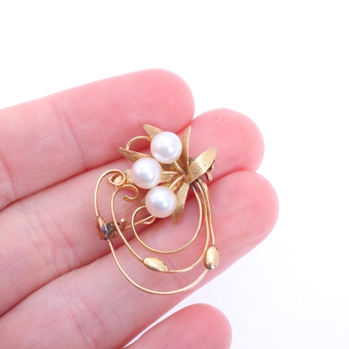 1202 - A Vintage 18ct gold cultured pearl floral brooch, 30.1mm, 3.8g