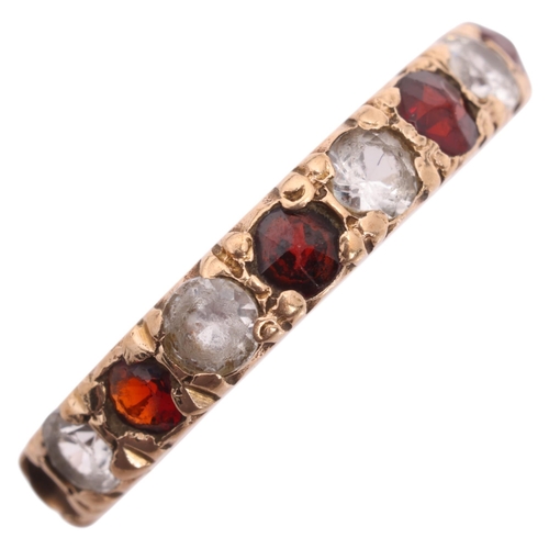 1207 - A Vintage 9ct gold garnet and white sapphire full eternity ring, band width 3.4mm, size K, 2.1g