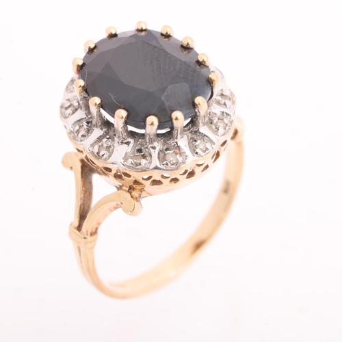 1216 - A 9ct gold sapphire and diamond cluster ring, claw set with oval mixed-cut sapphire and single-cut d... 