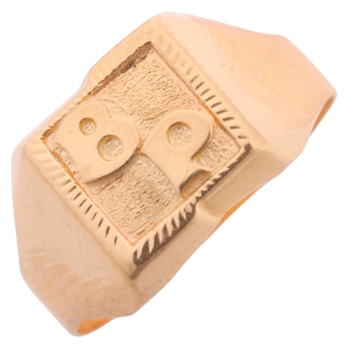 1218 - A French 18ct gold signet ring, indistinct maker, circa 1950s, square form, with relief initials BP,... 