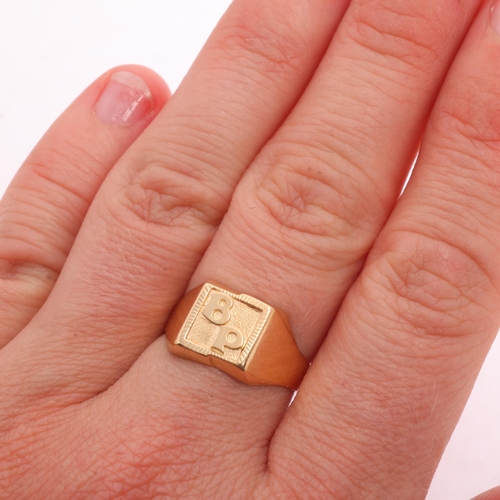 1218 - A French 18ct gold signet ring, indistinct maker, circa 1950s, square form, with relief initials BP,... 