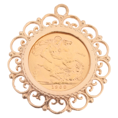 1224 - An Elizabeth II 1968 gold full sovereign coin, in 9ct gold openwork pendant mount, maker AD, London ... 
