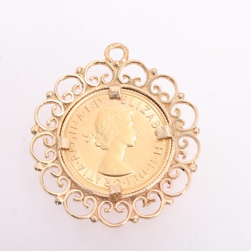 1224 - An Elizabeth II 1968 gold full sovereign coin, in 9ct gold openwork pendant mount, maker AD, London ... 
