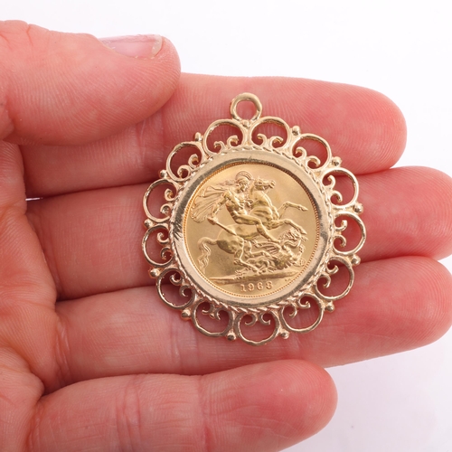 1224 - An Elizabeth II 1968 gold full sovereign coin, in 9ct gold openwork pendant mount, maker AD, London ... 