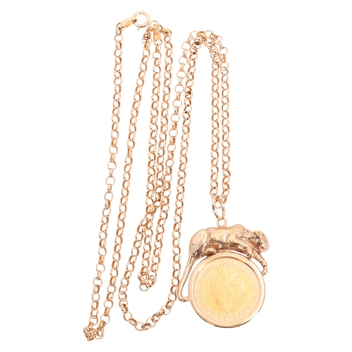 1225 - An Elizabeth II 2019 gold half sovereign coin, in 9ct gold panther pendant necklace mount, with 9ct ... 