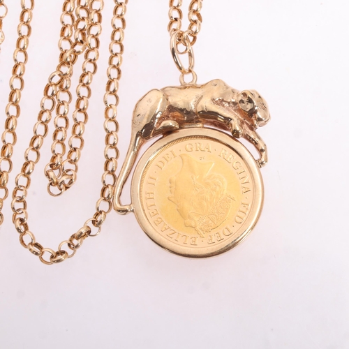 1225 - An Elizabeth II 2019 gold half sovereign coin, in 9ct gold panther pendant necklace mount, with 9ct ... 
