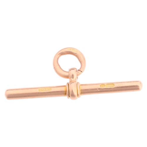 1226 - An Antique 15ct rose gold T-bar, maker JG&S, 38.7mm, with 15ct solid curb link jump ring, 5.7g