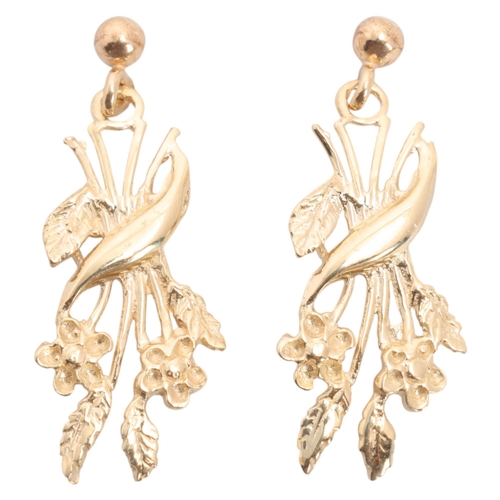 1238 - A pair of 9ct gold floral drop stud earrings, unmarked mount tests as 9ct, 24mm, 1.3g