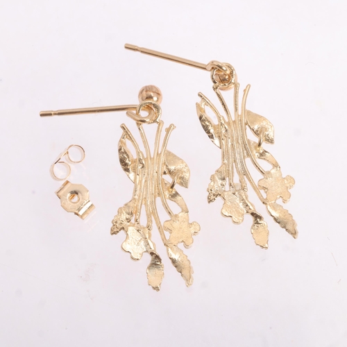 1238 - A pair of 9ct gold floral drop stud earrings, unmarked mount tests as 9ct, 24mm, 1.3g