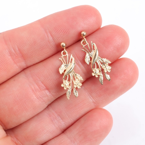 1238 - A pair of 9ct gold floral drop stud earrings, unmarked mount tests as 9ct, 24mm, 1.3g