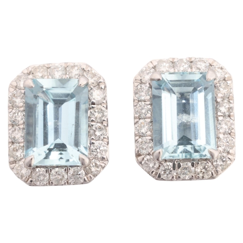 1242 - A pair of 18ct white gold aquamarine and diamond cluster stud earrings, set with octagonal step-cut ... 