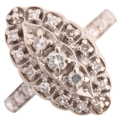 1246 - A diamond marquise cluster ring, set with modern round brilliant-cut diamonds and single-cut diamond... 