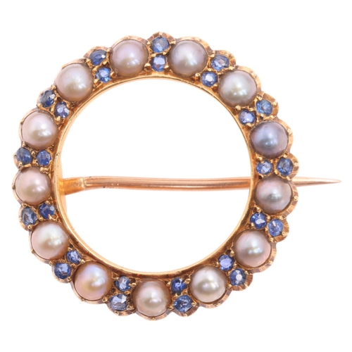 1247 - An Antique 14ct gold sapphire and pearl circle brooch, cut-down collet set with split pearls and rou... 