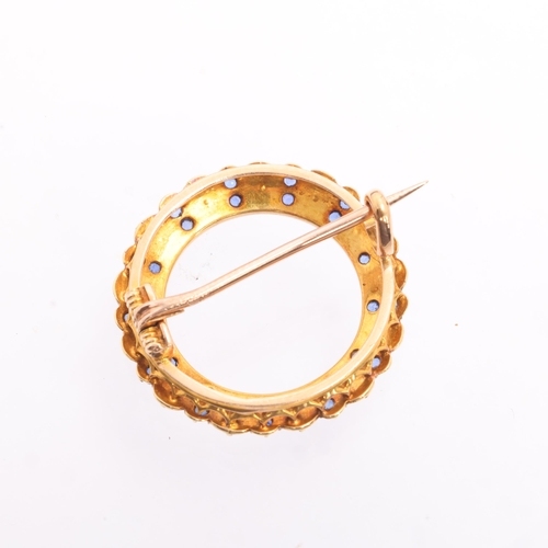 1247 - An Antique 14ct gold sapphire and pearl circle brooch, cut-down collet set with split pearls and rou... 