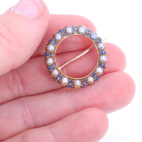 1247 - An Antique 14ct gold sapphire and pearl circle brooch, cut-down collet set with split pearls and rou... 