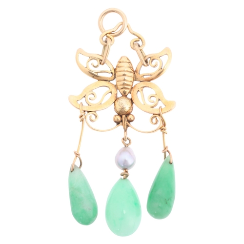 1249 - A Chinese 9ct gold jade and pearl butterfly pendant, set with polished teardrop jade, suspended from... 