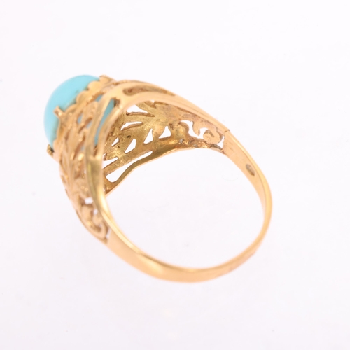 1295 - A Continental 18ct gold turquoise dress ring, set with oval cabochon turquoise and pierced foliate s... 