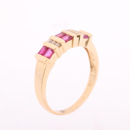 1132 - A 14ct gold ruby and diamond half hoop ring, bar set with rectangular step-cut rubies and modern rou... 