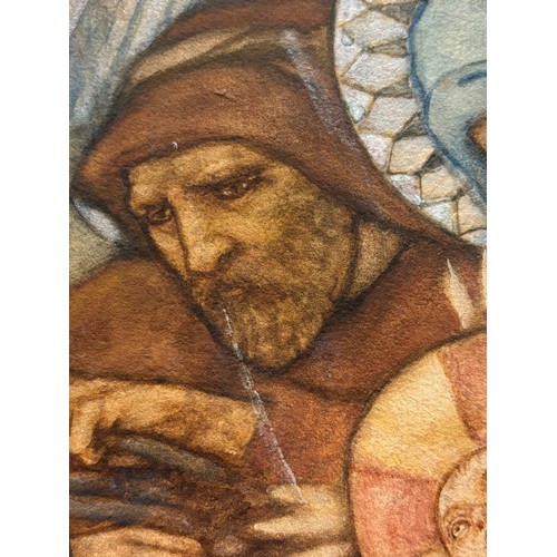 939 - Pre-Raphaelite School, Nativity scene, watercolour on paper laid on canvas, unsigned, 73cm x 92cm, u... 