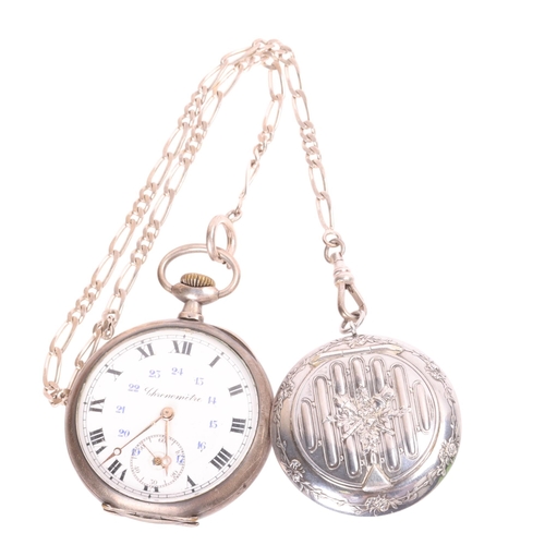 1049 - An Antique Swiss silver open-face keyless chronometer pocket watch, white enamel dial with black Rom... 
