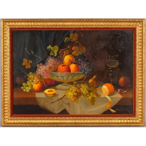 568 - Jan Petrus Sentz, Dutch style still life, oil on canvas, 50cm x 70cm, framed