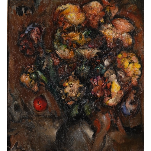 569 - Post-impressionist still life, mid-20th century oil on canvas, unsigned, 60cm x 50cm, framed