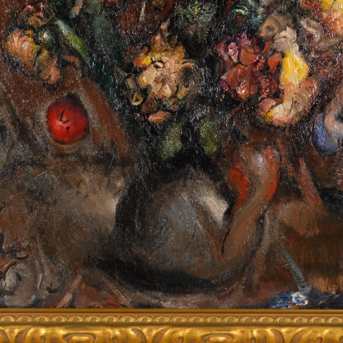 569 - Post-impressionist still life, mid-20th century oil on canvas, unsigned, 60cm x 50cm, framed