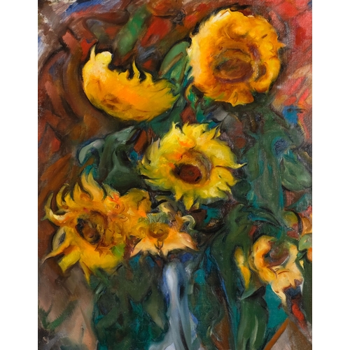 573 - Sunflowers, impressionist oil on canvas, unsigned, 80cm x 65cm, framed