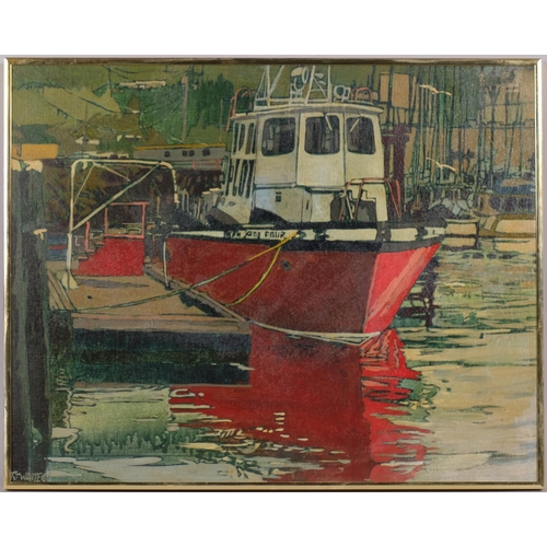 579 - Timothy John White (1939 - 1999), fishing boat in harbour, oil on board, 40cm x 50cm, framed