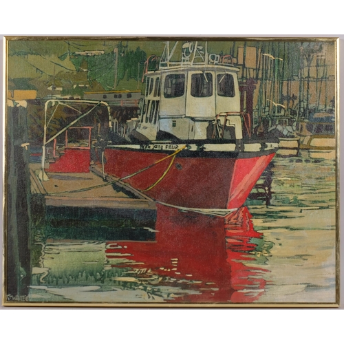 579 - Timothy John White (1939 - 1999), fishing boat in harbour, oil on board, 40cm x 50cm, framed