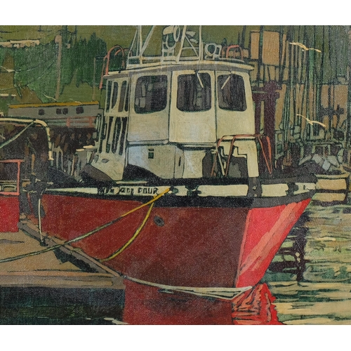 579 - Timothy John White (1939 - 1999), fishing boat in harbour, oil on board, 40cm x 50cm, framed