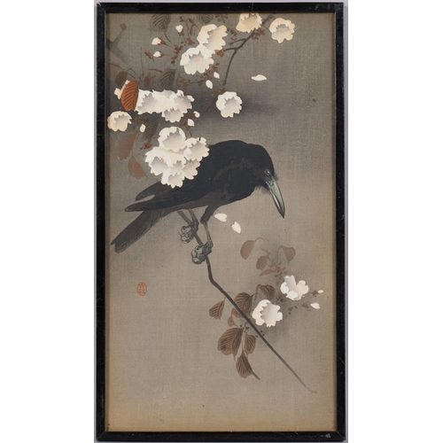 580 - Koson Ohara, raven, watercolour/gouache, 35cm x 19cm, framed