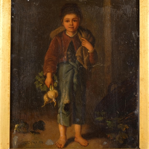 582 - Eduard Frere (1819 - 1886), street urchin with turnips, oil on tin, 20cm x 17cm, framed