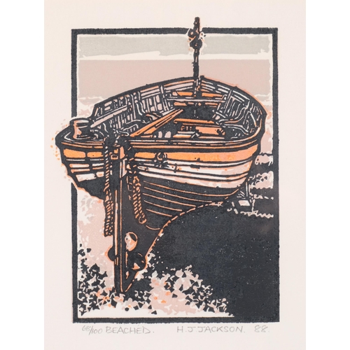 587 - H Jackson, Beached, linocut print, 1988, signed in pencil, no. 68/100, image 19cm x 14cm, framed