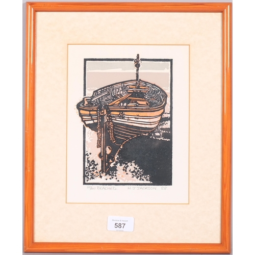 587 - H Jackson, Beached, linocut print, 1988, signed in pencil, no. 68/100, image 19cm x 14cm, framed