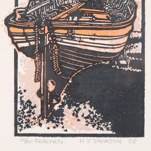 587 - H Jackson, Beached, linocut print, 1988, signed in pencil, no. 68/100, image 19cm x 14cm, framed