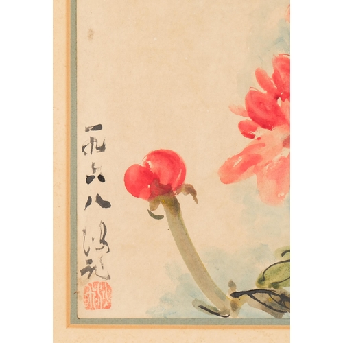 589 - Chinese watercolour, dragonfly and flowers, 31cm x 22cm, framed