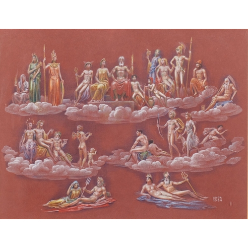 590 - Gaston Goor (1902 - 1977), Pantheon of the Gods, coloured pastels on brown paper, 1954, 31cm x 38cm,... 