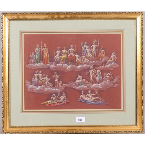 590 - Gaston Goor (1902 - 1977), Pantheon of the Gods, coloured pastels on brown paper, 1954, 31cm x 38cm,... 