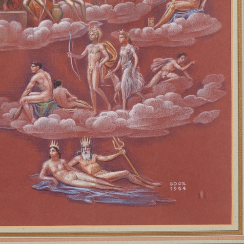 590 - Gaston Goor (1902 - 1977), Pantheon of the Gods, coloured pastels on brown paper, 1954, 31cm x 38cm,... 
