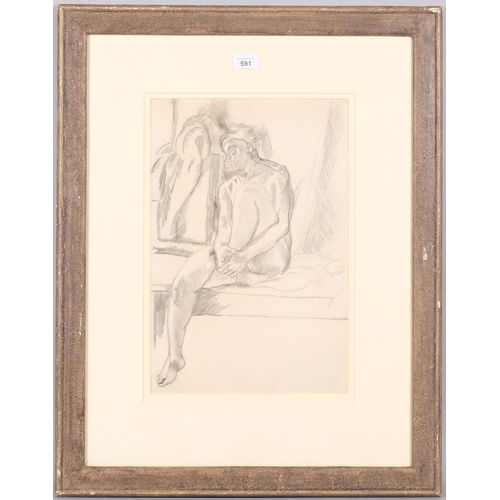 591 - Edward Wolfe (1896/7 - 1981/2), nude life study, pencil drawing, 43cm x 28cm, framed