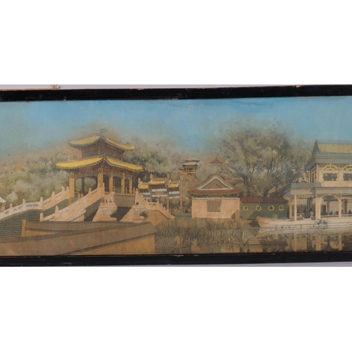 596 - Panoramic view of Baohu Gardens, silk embroidered picture, circa 1930, text inscription, framed, ove... 
