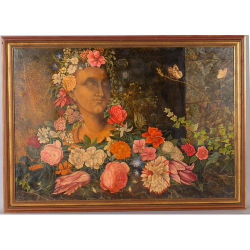 599 - Flowers, butterflies and a marble bust, mid to late 20th century, oil on canvas, unsigned, 72cm x 10... 