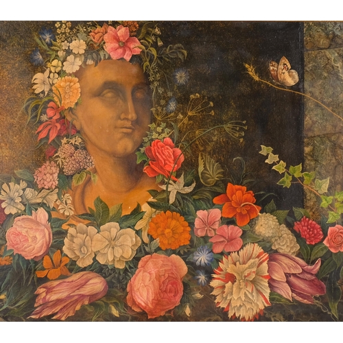 599 - Flowers, butterflies and a marble bust, mid to late 20th century, oil on canvas, unsigned, 72cm x 10... 