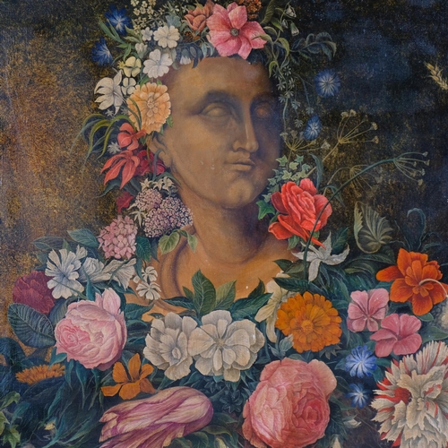 599 - Flowers, butterflies and a marble bust, mid to late 20th century, oil on canvas, unsigned, 72cm x 10... 