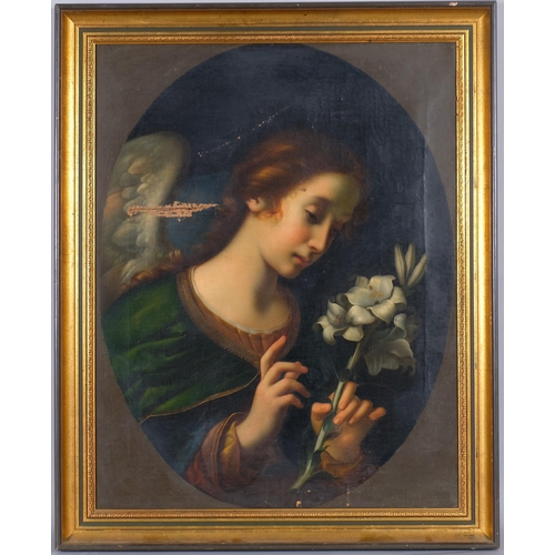 600 - Study of an angel with lilies, late 19th/early 20th century, oil on canvas, unsigned, 73cm x 56cm, f... 