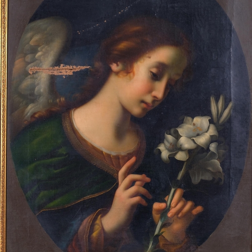 600 - Study of an angel with lilies, late 19th/early 20th century, oil on canvas, unsigned, 73cm x 56cm, f... 